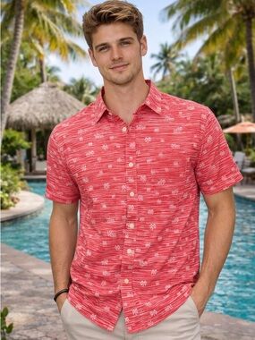 Seapointe Men’s Red Tropical Palm Print Button Down Hawaiian Summer Shirt